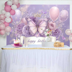Lofaris Fotohintergrund Lavendel Schmetterling Krone Geburtstag Band Ballon Prinzessin Deko
