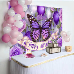 Lofaris Fotohintergrund Dunkellila Schmetterling Geburtstag Ballon Blumen Cake Smash Deko