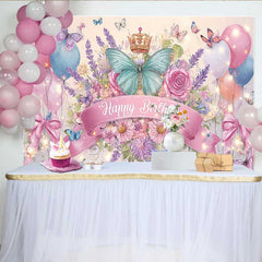Lofaris Fotohintergrund Türkis Schmetterling Rosa Schleife Geburtstag Krone Blumen Party