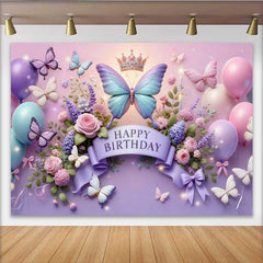 Lofaris Fotohintergrund 3D Lila Blauer Schmetterling Geburtstag Krone Blumen Ballon Party