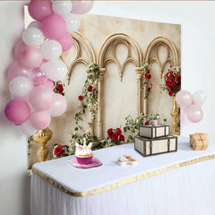 Lofaris Fotohintergrund Goldener Gotischer Bogen Rote Rosen Blumenvase Hochzeit Valentinstag
