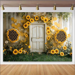 Lofaris Fotohintergrund Sonnenblumen Bienenwabe Rustikale Holztür Cake Smash Requisiten
