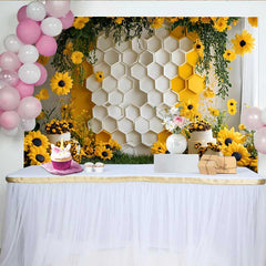 Lofaris Fotohintergrund Weiße Wabenwand Sonnenblumen Florale Cake Smash Party Dekoration