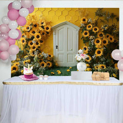 Lofaris Fotohintergrund Sonnenblumen Wabe Gelbe Wand Weiße Tür Cake Smash Deko Requisiten