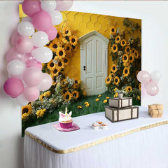 Lofaris Fotohintergrund Sonnenblumen Wabe Gelbe Wand Weiße Tür Cake Smash Deko Requisiten
