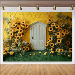 Lofaris Fotohintergrund Sonnenblumen Wabe Gelbe Wand Weiße Tür Cake Smash Deko Requisiten