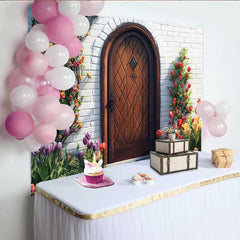 Lofaris Fotohintergrund Frühling Bunte Tulpen Holztür Rustikaler Garten Party Hintergrund