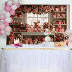 Lofaris Valentinstag Fotohintergrund Rosa Blumen Teddybär Fenster Geschenkeladen Dekoration