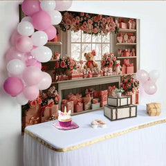 Lofaris Valentinstag Fotohintergrund Rosa Blumen Teddybär Fenster Geschenkeladen Dekoration