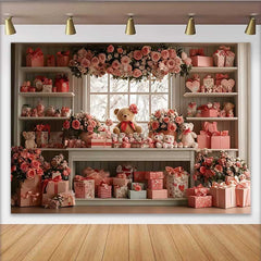 Lofaris Valentinstag Fotohintergrund Rosa Blumen Teddybär Fenster Geschenkeladen Dekoration