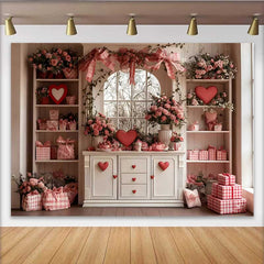 Lofaris Valentinstag Fotohintergrund Rosa Schleifen Rote Herzen Weißer Schrank Blumen Fenster