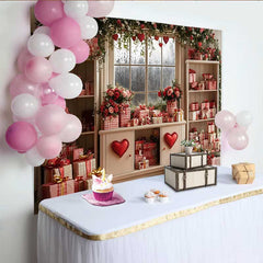 Lofaris Valentinstag Fotohintergrund Rote Karo Geschenke Blumen Fenster Liebe Herz Dekoration