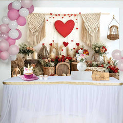 Lofaris Valentinstag Fotohintergrund Boho Makramee Rotes Herz Rustikale Holzwand Dekoration