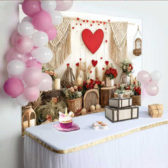 Lofaris Valentinstag Fotohintergrund Boho Makramee Rotes Herz Rustikale Holzwand Dekoration