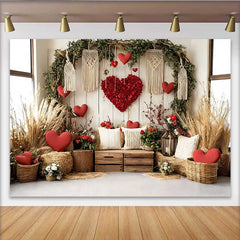 Lofaris Valentinstag Fotohintergrund Boho Scheune Heuballen Blumen Herz Makramee Requisiten