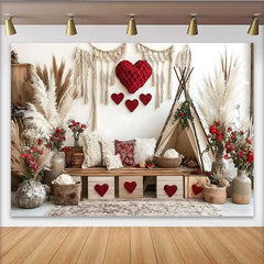 Lofaris Valentinstag Fotohintergrund Boho Tipi Zelt Rotes Herz Pampasgras Deko Requisiten