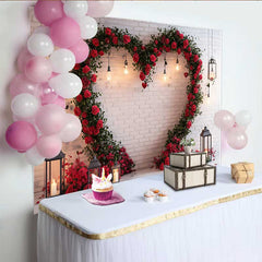Lofaris Valentinstag Fotohintergrund Rustikale Weiße Ziegelwand Blumenherzkranz Laternen Deko