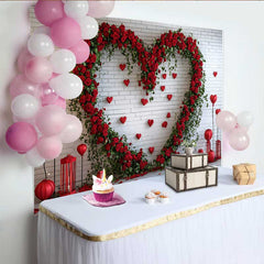 Lofaris Valentinstag Fotohintergrund Rote Rosen Blumenherz Weiße Ziegelwand Rote Laternen