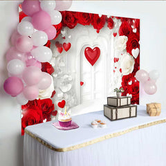 Lofaris Valentinstag-Hintergrund rote Rosen-Grünpflanzen-Girlande Schlafzimmer-Kopfteil-Requisite
