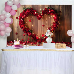 Lofaris Valentinstag Fotohintergrund Rustikales Holz Rote Rosen Herz Lichterkette Dekoration
