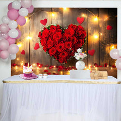 Lofaris Valentinstag Fotohintergrund Rote Rosen Blumen Herz Lichterkette Rustikales Holz