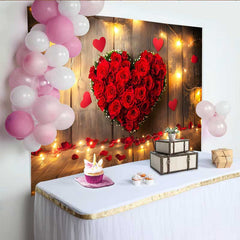 Lofaris Valentinstag Fotohintergrund Rote Rosen Blumen Herz Lichterkette Rustikales Holz