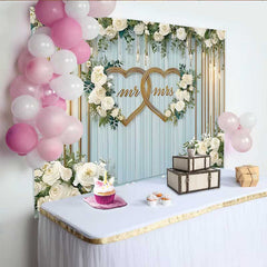 Lofaris Hochzeit Hintergrund Mr & Mrs Goldene Herzen Weiße Blumen Holz