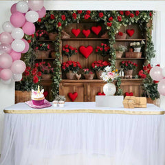 Lofaris Valentinstag Rosengarten Hintergrund Holzregal Rote Herzen Blumen Banner