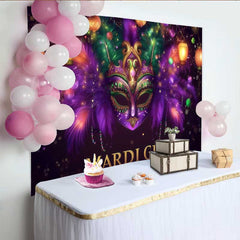 Lofaris Lila Maskerade Nacht Hintergrund Mardi Gras Maske Grüne Federn Banner
