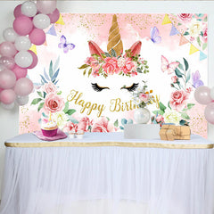 Lofaris Blumen Einhorn Gesicht Hintergrund Goldenes Horn Rosa Rosen Mädchen Geburtstag Deko
