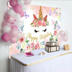 Lofaris Blumen Einhorn Gesicht Hintergrund Goldenes Horn Rosa Rosen Mädchen Geburtstag Deko