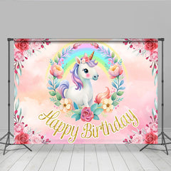 Lofaris Süßer Einhorn Regenbogen Geburtstag Hintergrund Rosa Blumenkranz Gold Glitzer Text