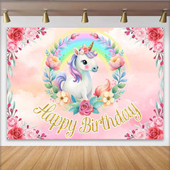 Lofaris Süßer Einhorn Regenbogen Geburtstag Hintergrund Rosa Blumenkranz Gold Glitzer Text