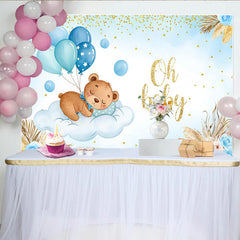 Lofaris Schlafender Bär auf Wolke Babyparty Hintergrund Blaue Ballons Pampasgras Jungen