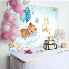 Lofaris Schlafender Bär auf Wolke Babyparty Hintergrund Blaue Ballons Pampasgras Jungen