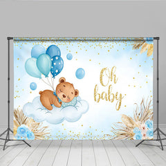 Lofaris Schlafender Bär auf Wolke Babyparty Hintergrund Blaue Ballons Pampasgras Jungen