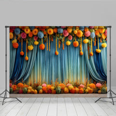 Lofaris Pom Pom Blumen Bühne Hintergrund Blauer Vorhang Hängende Blumen