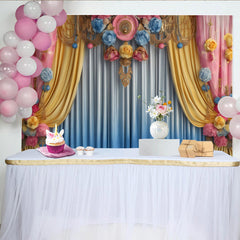 Lofaris Pastell Blumen Bühne Hintergrund Gelb Blaue Drapierung Pinke Ornamente