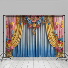 Lofaris Pastell Blumen Bühne Hintergrund Gelb Blaue Drapierung Pinke Ornamente