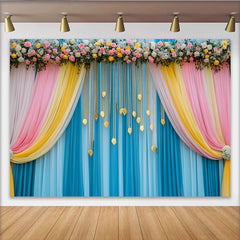 Lofaris Türkis Blau Bühne Hintergrund Pink Gelbe Girlande Goldene Blätter