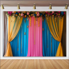 Lofaris Blau Pink Bühne Hintergrund Gelbe Girlande Vorhänge Goldene Quasten