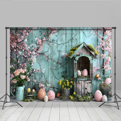 Lofaris Ostern Frühling Garten Hintergrund Blaue Holzwand Rosa Blüten