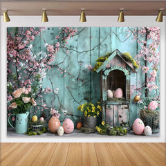 Lofaris Ostern Frühling Garten Hintergrund Blaue Holzwand Rosa Blüten