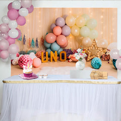Pastell Ballon Einhorn Erster Geburtstag Cake Smash Hintergrund UNO Schild Vorhang