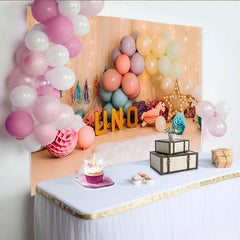 Pastell Ballon Einhorn Erster Geburtstag Cake Smash Hintergrund UNO Schild Vorhang