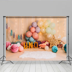 Pastell Ballon Einhorn Erster Geburtstag Cake Smash Hintergrund UNO Schild Vorhang