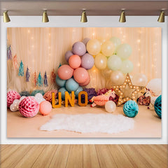 Pastell Ballon Einhorn Erster Geburtstag Cake Smash Hintergrund UNO Schild Vorhang