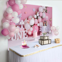 Winter Rosa Schneeflocke Erster Geburtstag Cake Smash Hintergrund Weiße Bäume EINS