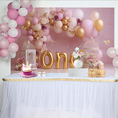 Rosa Gold Ballon Erster Geburtstag Cake Smash Hintergrund Blumen Käfig Schmetterling