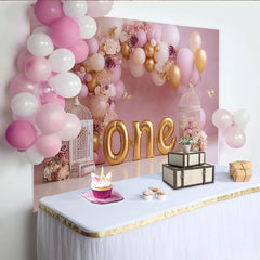 Rosa Gold Ballon Erster Geburtstag Cake Smash Hintergrund Blumen Käfig Schmetterling